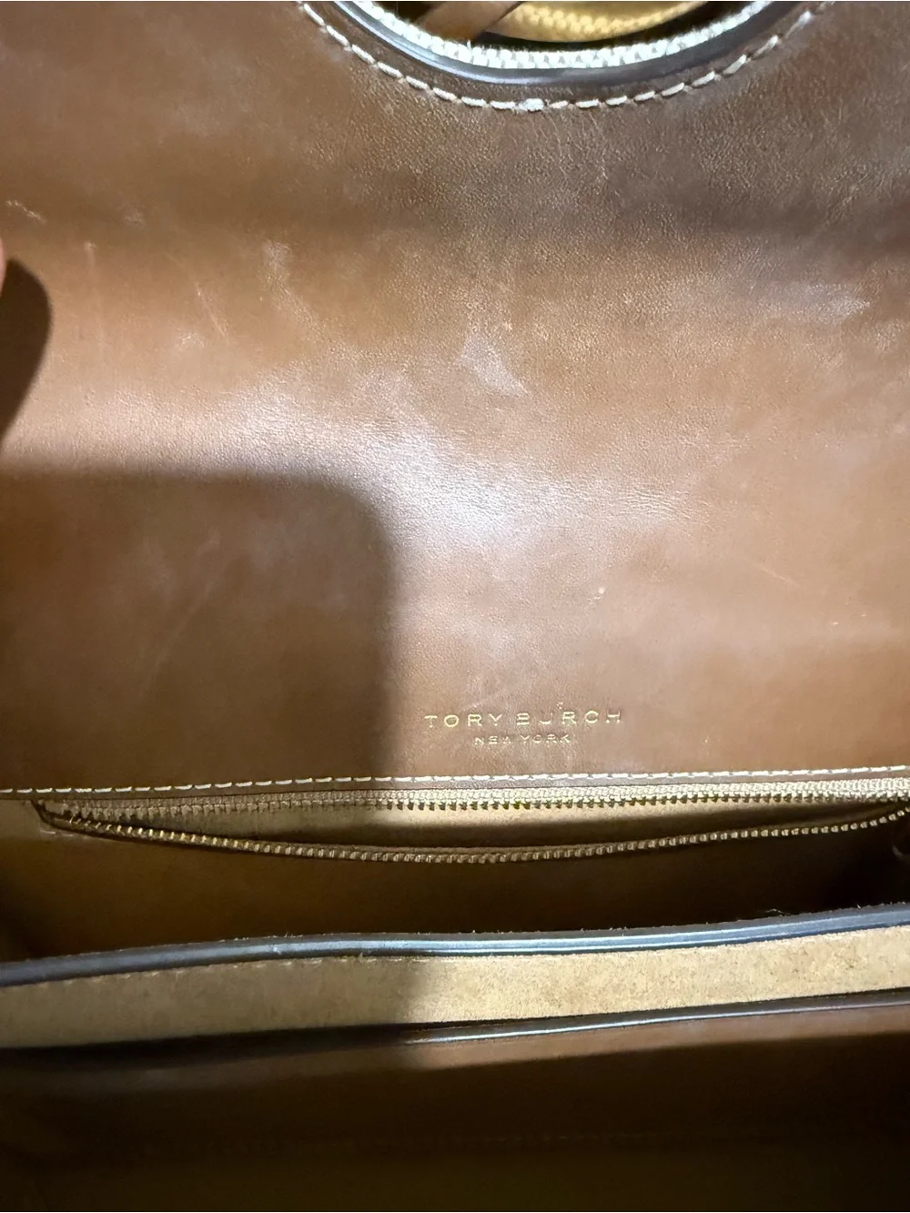 Tory Burch Brown Leather Shoulder Bag with Gold Logo and Woven Cream Inset
